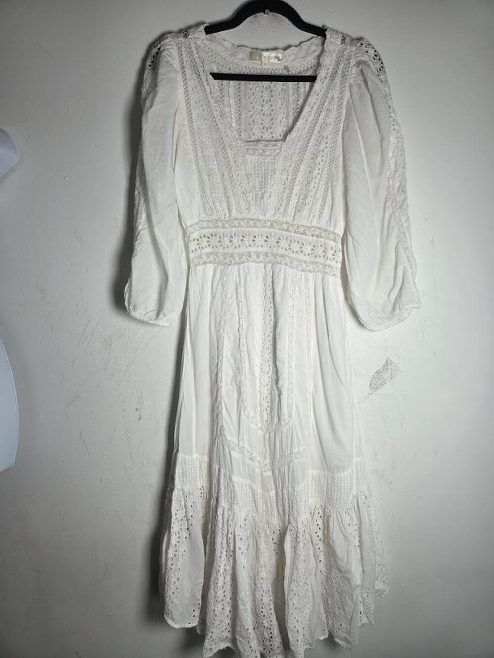 LoveShackFancy Garrison White Intricate Eyelet Crochet Puff Sleeve Midi Dress 6